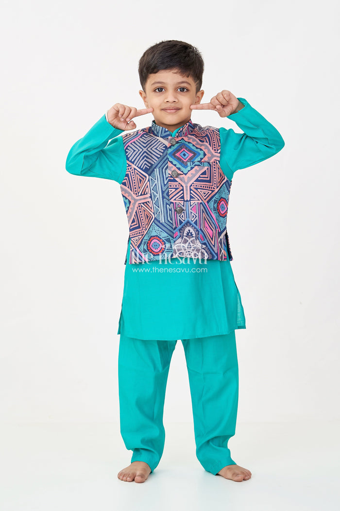 The Nesavu Boys Jacket Sets Dark Green Kurtha Boys Jacket Set in Silk Blend with Printed Geometric Jacket and Matching Pants Nesavu 16 (1Y) / Green BES674B-16 Nesavu Dark Green Kurtha Boys Jacket Set with Multicolor Geometric Print Silk Blend Jacket