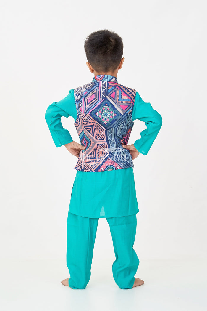 The Nesavu Boys Jacket Sets Dark Green Kurtha Boys Jacket Set in Silk Blend with Printed Geometric Jacket and Matching Pants Nesavu Nesavu Dark Green Kurtha Boys Jacket Set with Multicolor Geometric Print Silk Blend Jacket