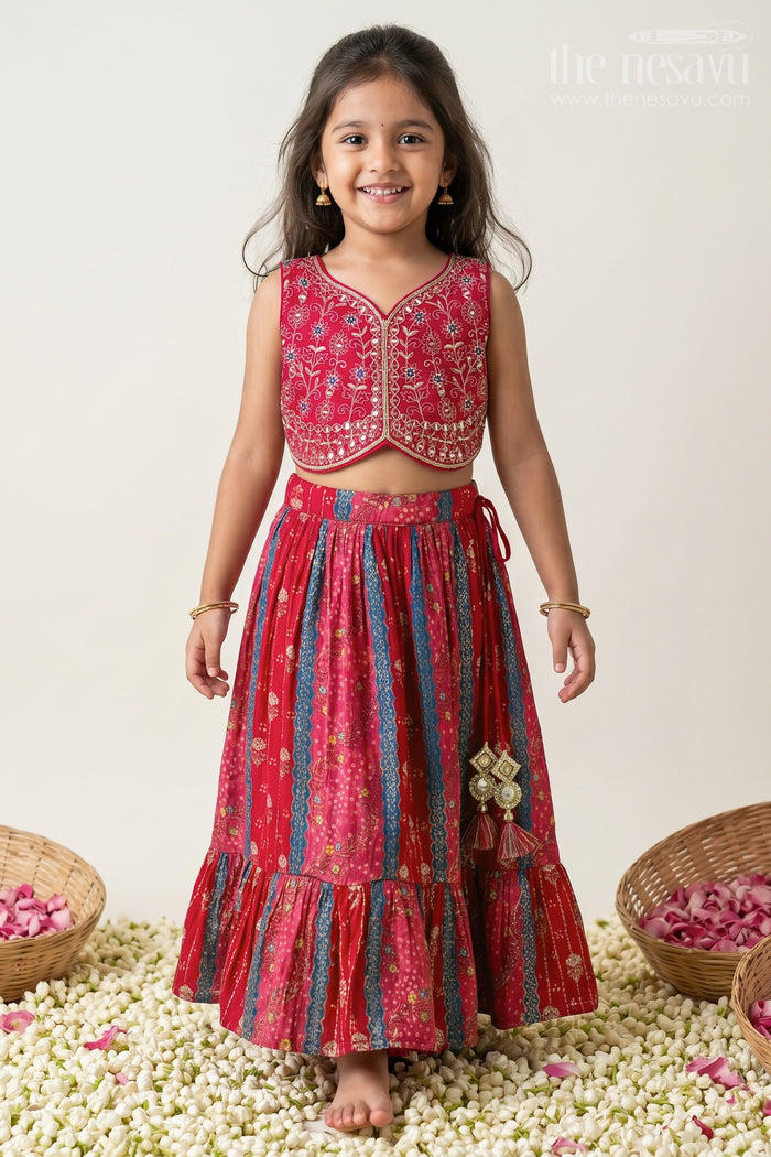 The Nesavu Girls Fancy Lehenga Dark Pink Lehenga for Girls in Pure Viscose Silk with Designer Embroidered Yoke and Tassel Dupatta Nesavu 16 (1Y) / Red GL633A-16 Dark Pink Lehenga Girls Embroidered Silk Blouse Contrast Tassel Dupatta | The Nesavu