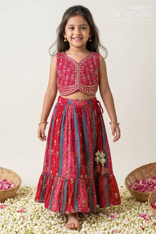 The Nesavu Girls Fancy Lehenga Dark Pink Lehenga for Girls in Pure Viscose Silk with Designer Embroidered Yoke and Tassel Dupatta Nesavu 16 (1Y) / Red GL633A-16 Dark Pink Lehenga Girls Embroidered Silk Blouse Contrast Tassel Dupatta | The Nesavu