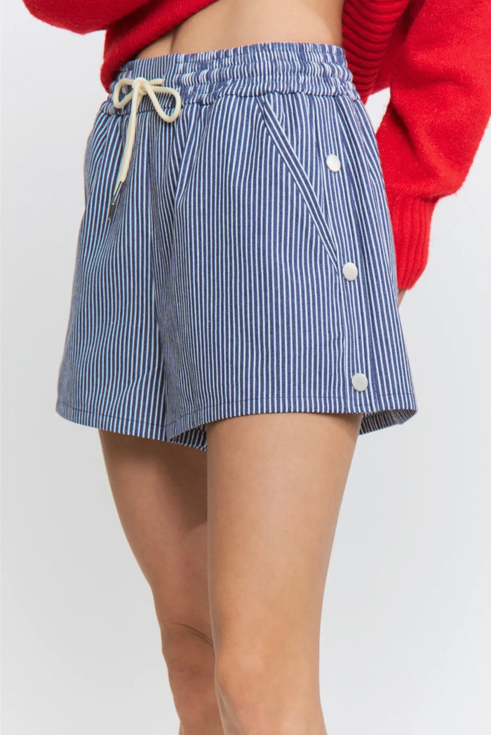 Denim Drawstring Side Button Shorts - Navy/White Stripe