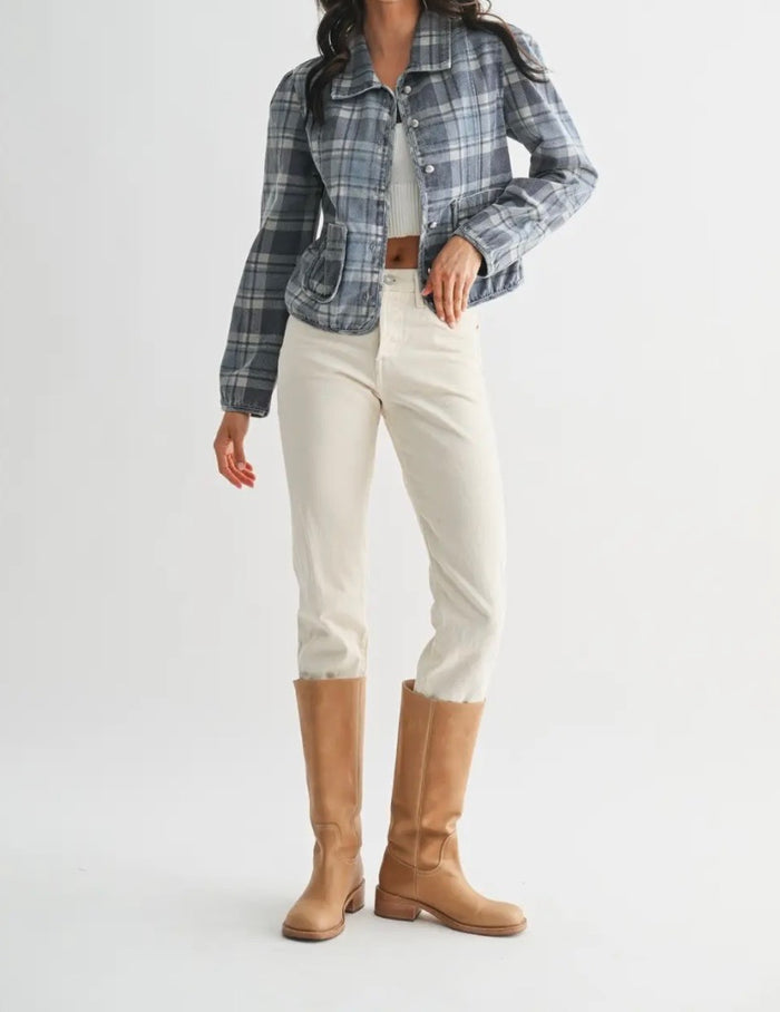 Denim Plaid Button-Front Jacket