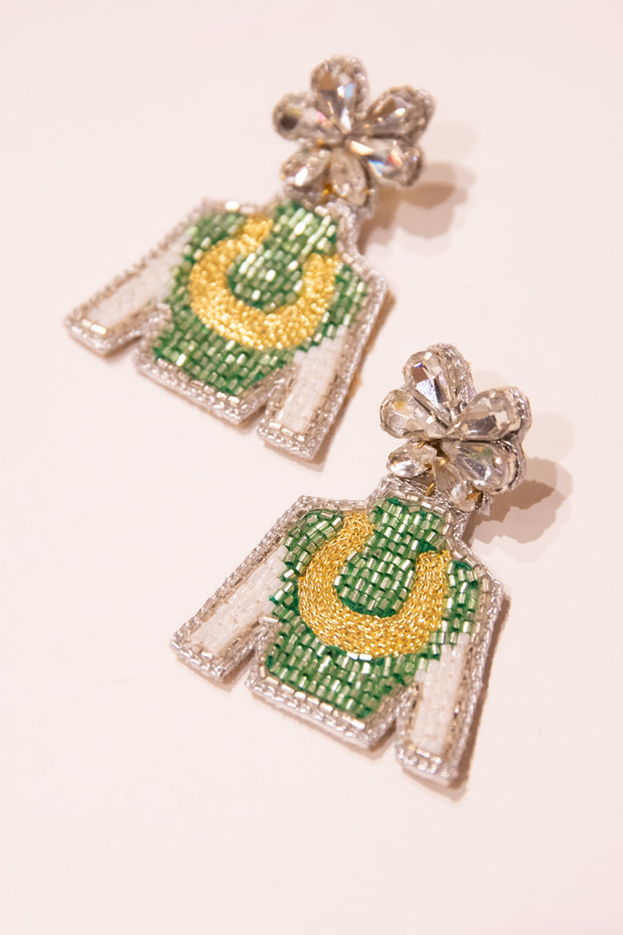 Derby Jockey Silks Earrings - Green & Gold Horseshoe - FINAL SALE