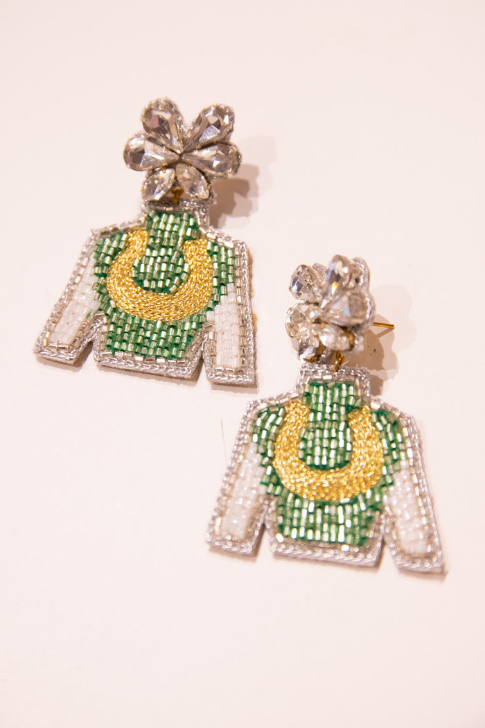 Derby Jockey Silks Earrings - Green & Gold Horseshoe - FINAL SALE