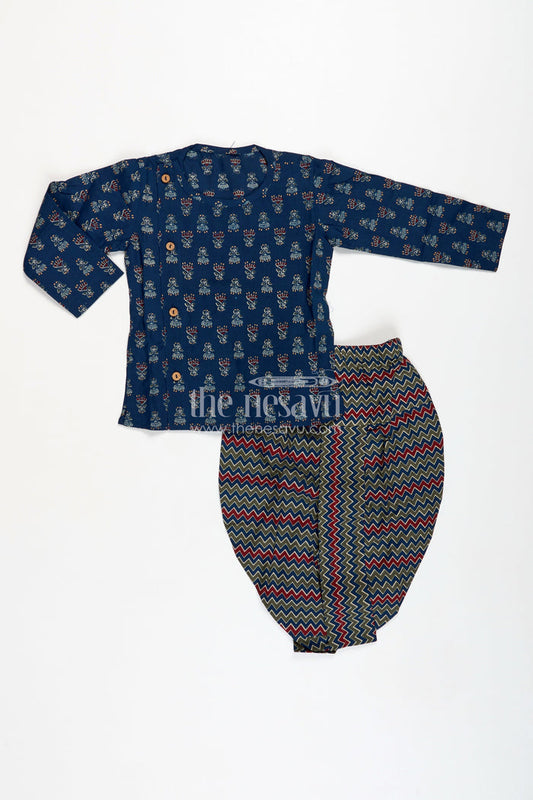 The Nesavu Boys Dothi Set Designer Dhoti Set for Boys Printed Wedding Kurta Style Nesavu 12 (3M) / Blue BES721A-12 Nesavu Indigo Blue Boys Cotton Kurta Dhoti Set Traditional Block Prints Festive Occasions
