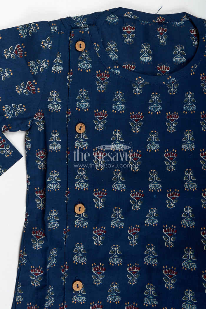 The Nesavu Boys Dothi Set Designer Dhoti Set for Boys Printed Wedding Kurta Style Nesavu Nesavu Indigo Blue Boys Cotton Kurta Dhoti Set Traditional Block Prints Festive Occasions