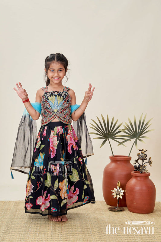 The Nesavu Girls Lehenga Choli Designer Lehenga Choli for Girls Zari and Stone Work Look Nesavu 16 (1Y) / Black GL695A-16 Nesavu Black Girls Designer Lehenga Zari Floral Embroidery Stone Work Grand Celebrations