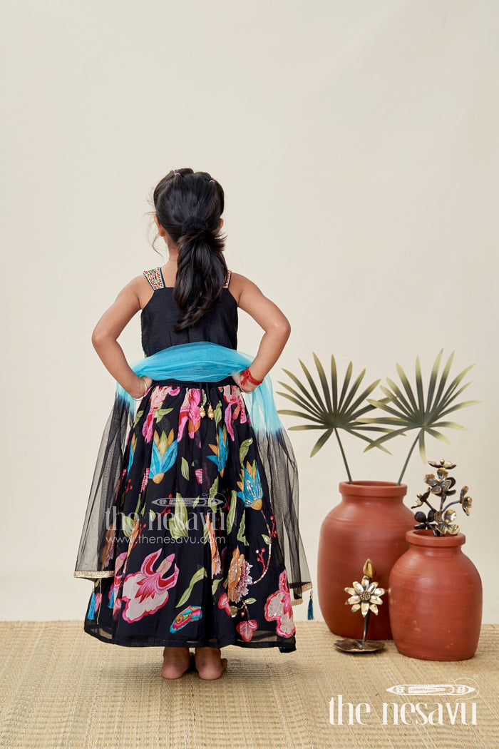 The Nesavu Girls Lehenga Choli Designer Lehenga Choli for Girls Zari and Stone Work Look Nesavu Nesavu Black Girls Designer Lehenga Zari Floral Embroidery Stone Work Grand Celebrations