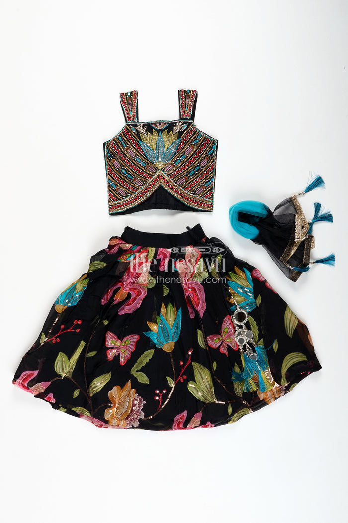 The Nesavu Girls Lehenga Choli Designer Lehenga Choli for Girls Zari and Stone Work Look Nesavu Nesavu Black Girls Designer Lehenga Zari Floral Embroidery Stone Work Grand Celebrations