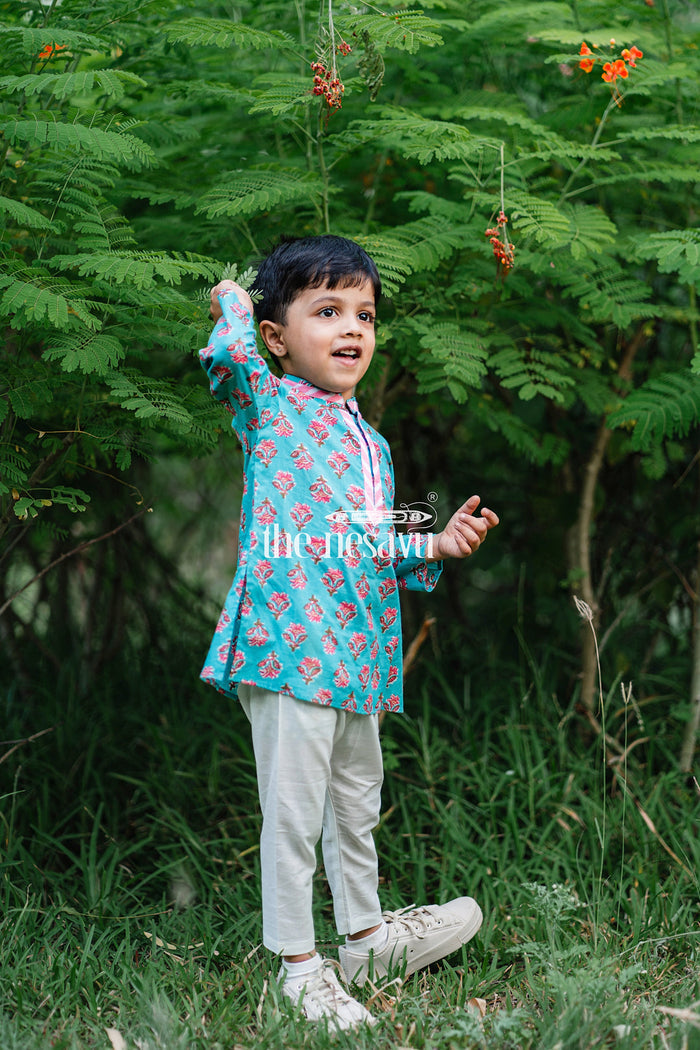 The Nesavu Boys Kurtha Set Designer Neck Floral Printed Blue Cotton Kurta and Pyjama for Little Boys Nesavu 18 (2Y) / Blue / Cotton BES272-18 Daily Wear Kurta Pyjama For Boys | The Nesavu
