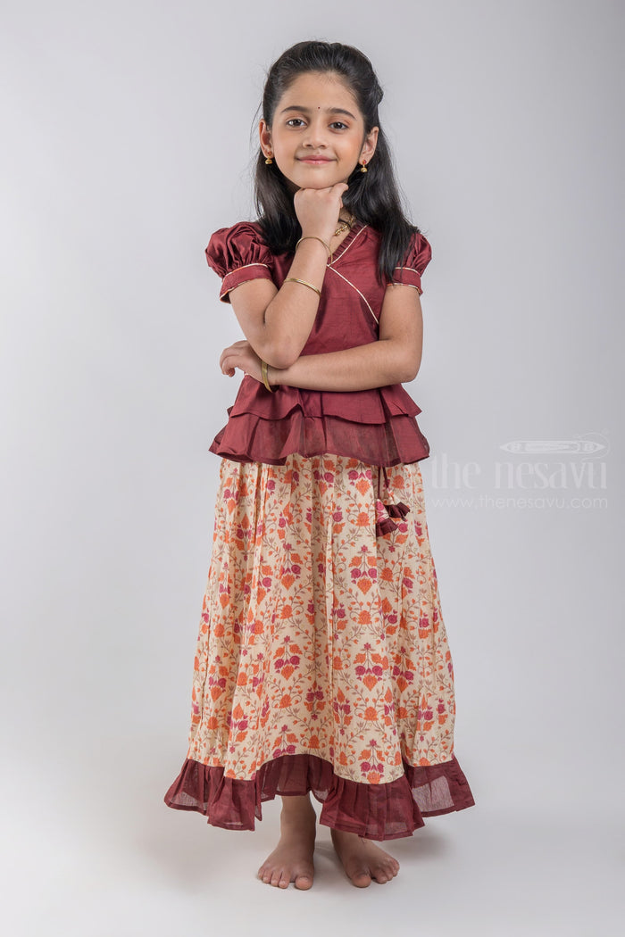 The Nesavu Pattu Pavadai Designer Pattu Pavadai for Baby Girls: Comfort & Style Combined Nesavu 16 (1Y) / Brown / Jacquard GPP284C-16 Brown Floral Printed Pattu Pavadai | Premium Silk Collection | The Nesavu