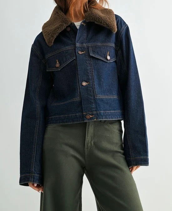 Detachable Fur Collar Jacket - Dark Denim