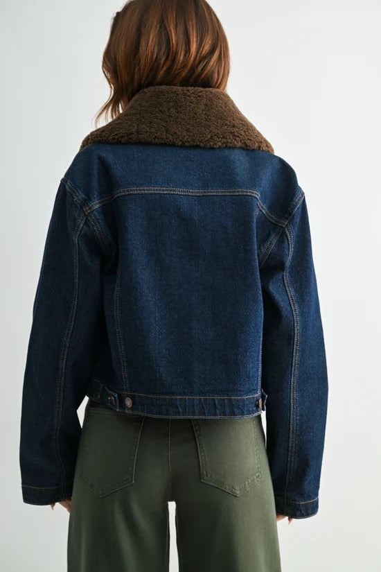 Detachable Fur Collar Jacket - Dark Denim