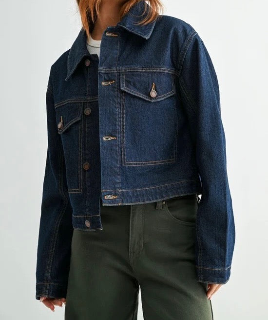 Detachable Fur Collar Jacket - Dark Denim