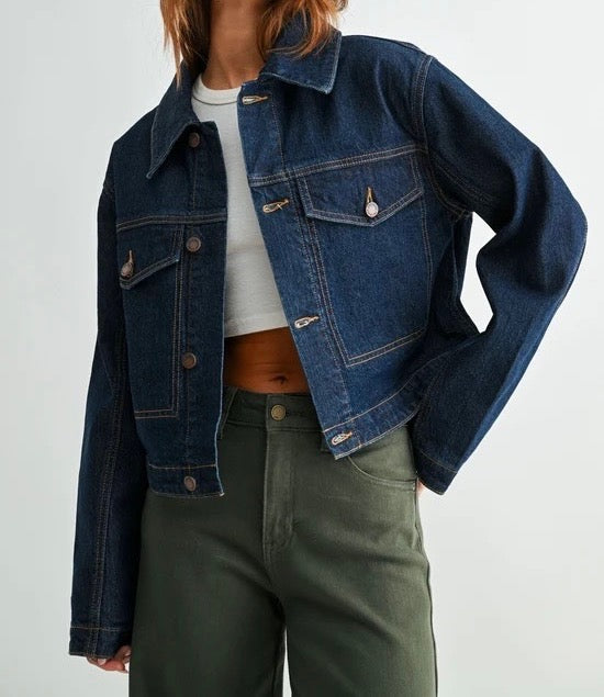 Detachable Fur Collar Jacket - Dark Denim