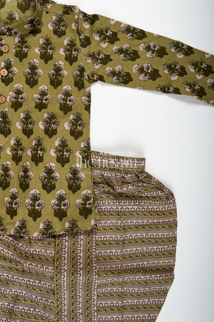 The Nesavu Boys Dothi Set Dhoti Kurta Set for Boys Cultural Celebration Outfit Nesavu Nesavu Green Cotton Boys Dhoti Kurta Set Traditional Block Print Indian Celebrations