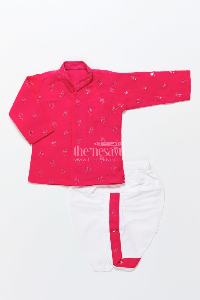 The Nesavu Boys Dothi Set Dhoti Set for Boys with Embroidered Kurta for Ethnic Occasions Nesavu 10 (NB) / Pink BES778C-10 Nesavu pink silk organza dhoti kurta set for boys with embroidery for festive and wedding wear