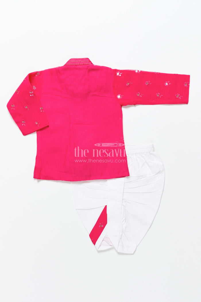 The Nesavu Boys Dothi Set Dhoti Set for Boys with Embroidered Kurta for Ethnic Occasions Nesavu Nesavu pink silk organza dhoti kurta set for boys with embroidery for festive and wedding wear