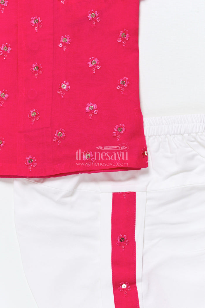 The Nesavu Boys Dothi Set Dhoti Set for Boys with Embroidered Kurta for Ethnic Occasions Nesavu Nesavu pink silk organza dhoti kurta set for boys with embroidery for festive and wedding wear