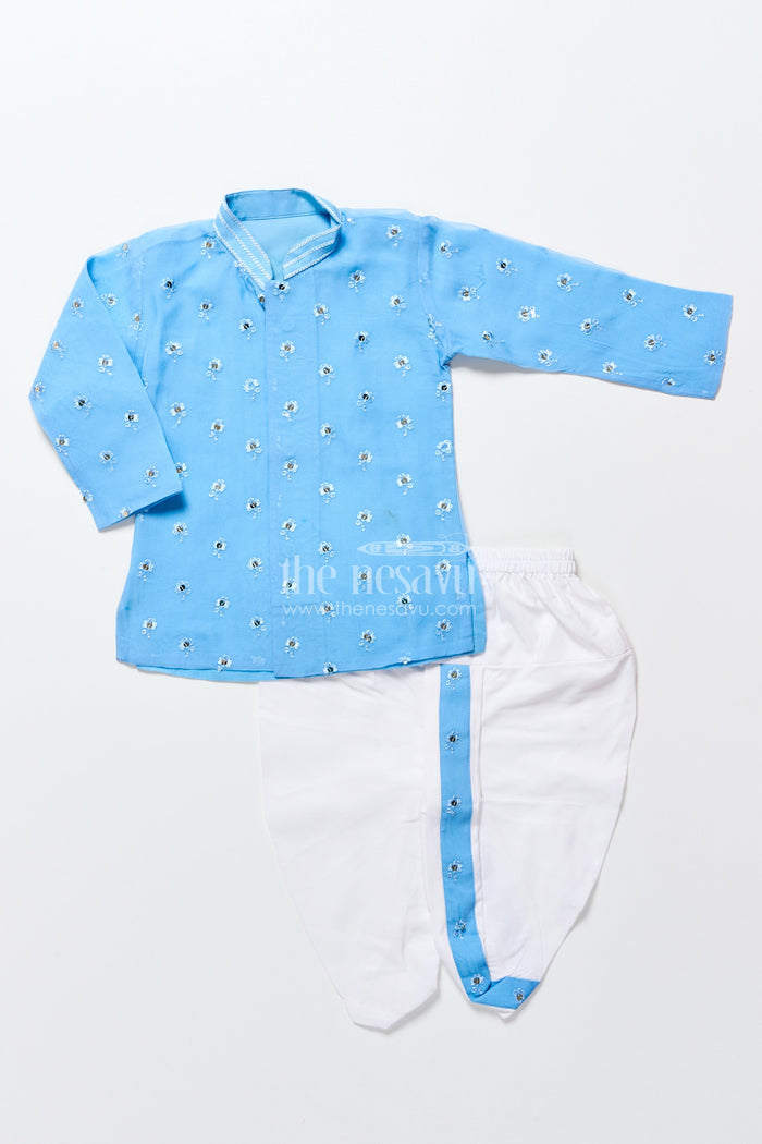 The Nesavu Boys Dothi Set Dhoti Set for Boys with Embroidered Kurta for Traditional Events Nesavu 10 (NB) / Blue BES778A-10 Nesavu boys blue silk organza dhoti kurta set with sequence embroidery for naming ceremonies