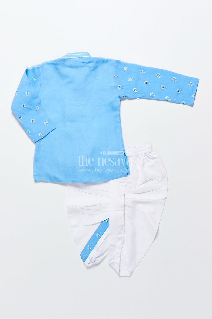 The Nesavu Boys Dothi Set Dhoti Set for Boys with Embroidered Kurta for Traditional Events Nesavu Nesavu boys blue silk organza dhoti kurta set with sequence embroidery for naming ceremonies