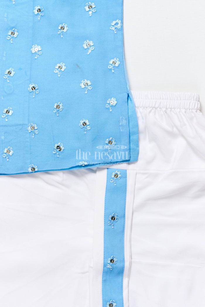The Nesavu Boys Dothi Set Dhoti Set for Boys with Embroidered Kurta for Traditional Events Nesavu Nesavu boys blue silk organza dhoti kurta set with sequence embroidery for naming ceremonies