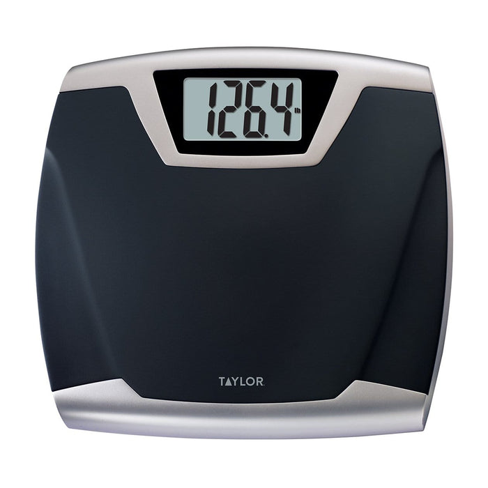 Taylor digital bath scale with high capacity in black and silver front view with a large LCD display