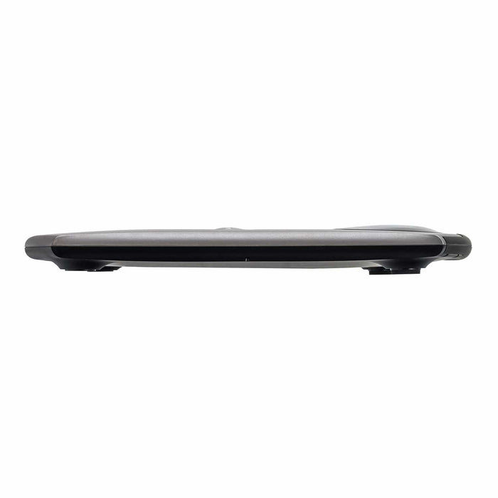 Side profile of a gray digital bathroom scale with an extra large backlit display.