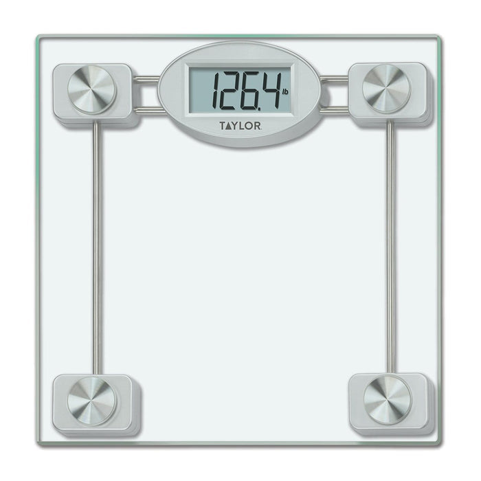 Digital bathroom scale with glass surface and stainless steel frame showing 126.4 lb