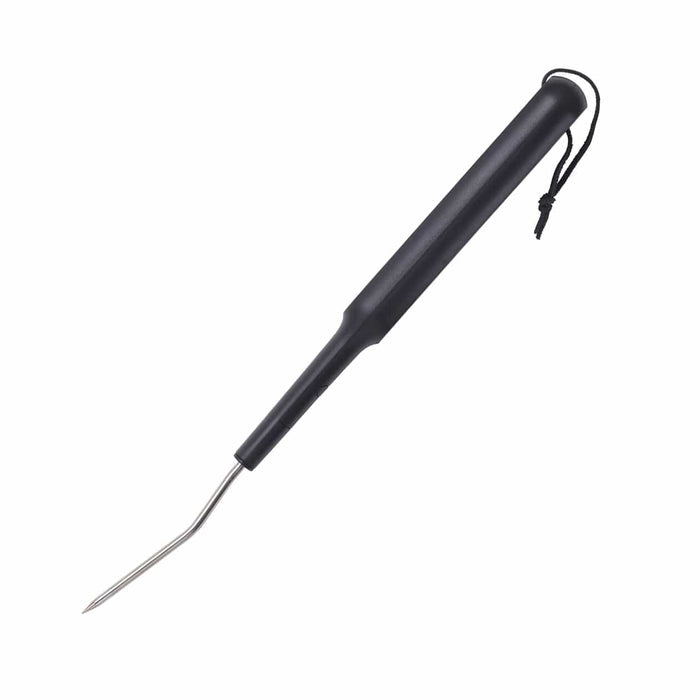 Black digital fork thermometer with long metal probe and a hanging cord.