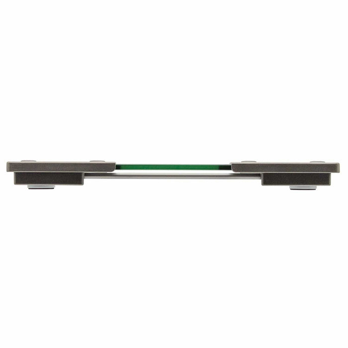 Side view of a digital glass bathroom scale with hinge design and a slim green center plate.