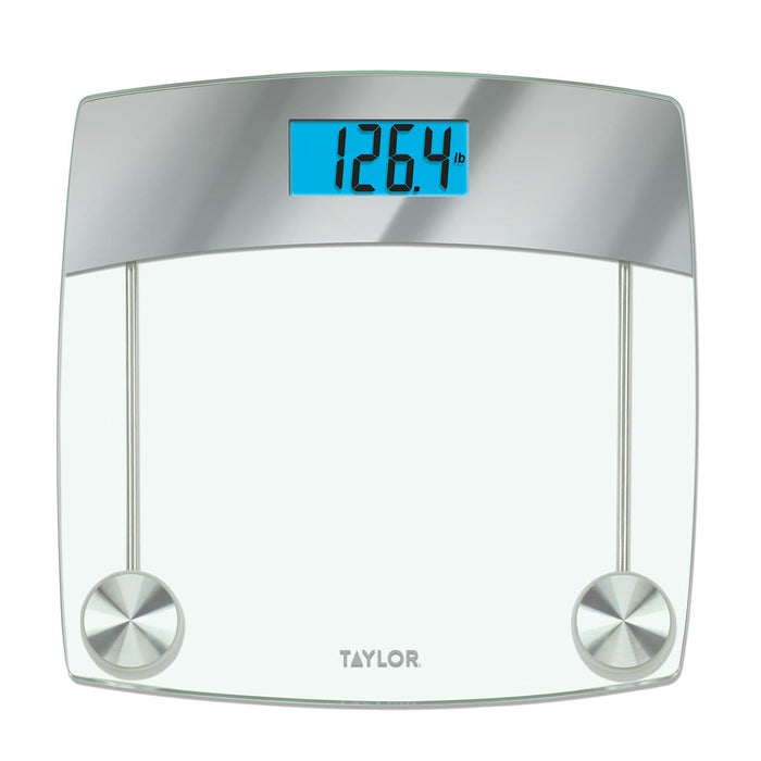 Digital glass bathroom scale with stainless steel accents and blue display showing 126.4 lb