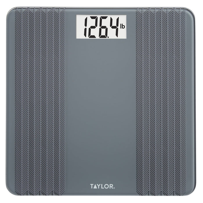 Digital glass scale with textured herringbone panels and central digital display.