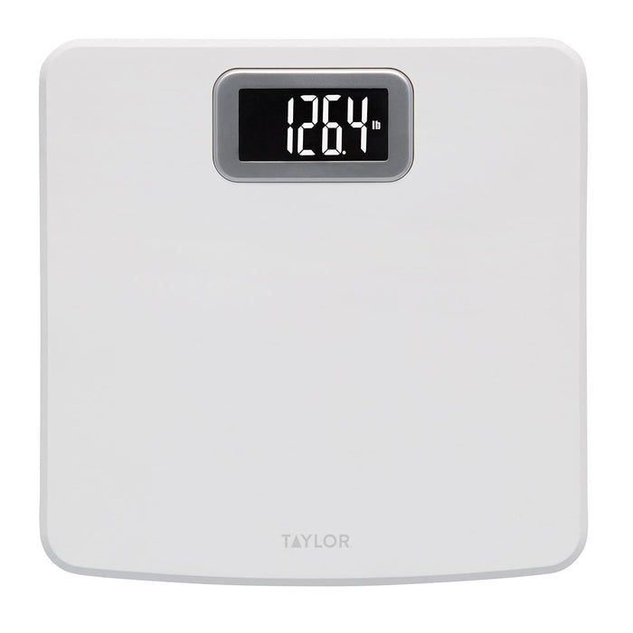 White digital body scale with a rectangular gray framed display at the top.