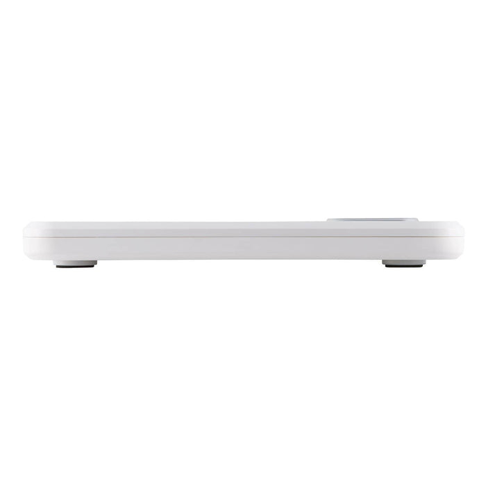 Side view of a white digital body scale showing a slim, rounded profile.