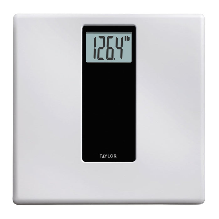 White and black digital body scale with a centered display and Taylor branding