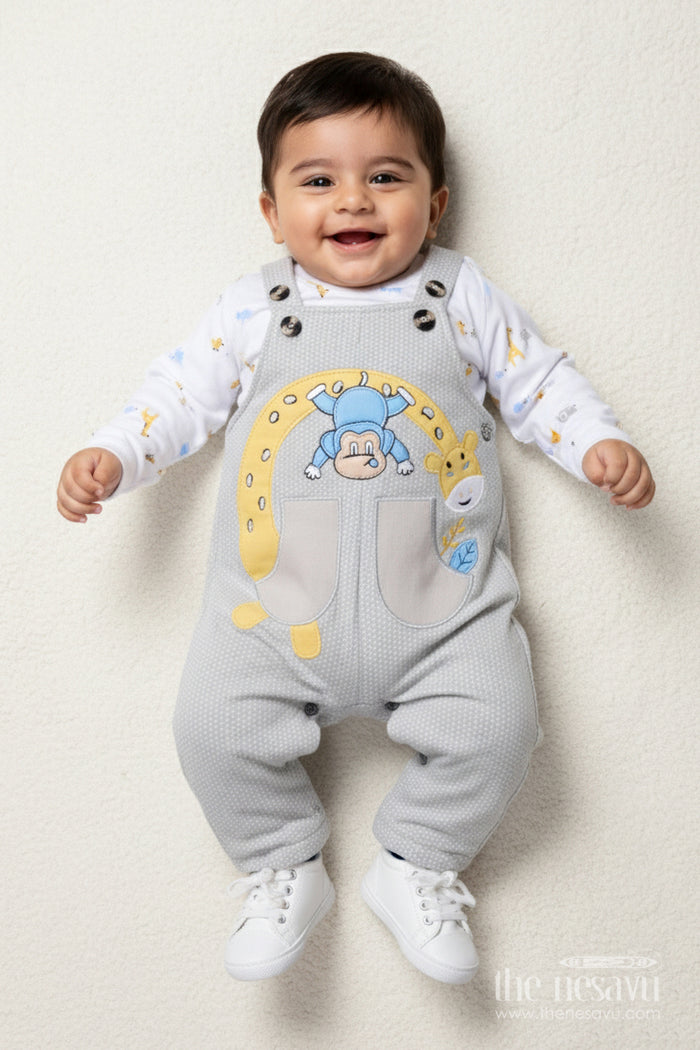 The Nesavu Baby Dungarees Digital Print Baby Dungaree Set for Cozy Wear and Travel Days Nesavu 14 (6M) / Gray BCS509A-14 Nesavu baby dungaree set digitally printed cotton travel all-day comfort