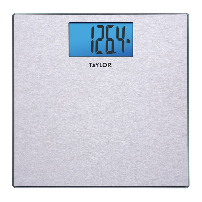 Textured brushed stainless steel digital scale with blue backlit display reading 126.9 lb and Taylor logo