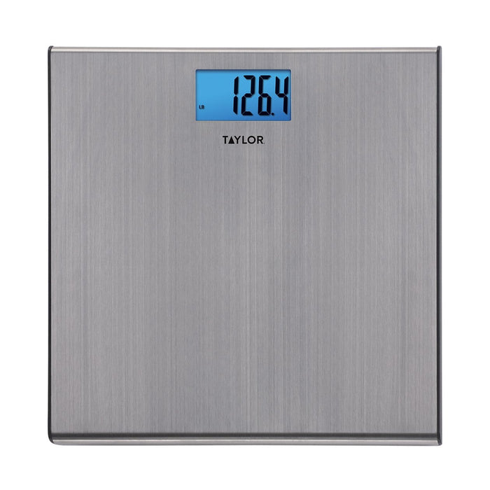 Brushed stainless steel digital scale with blue backlit LCD display.