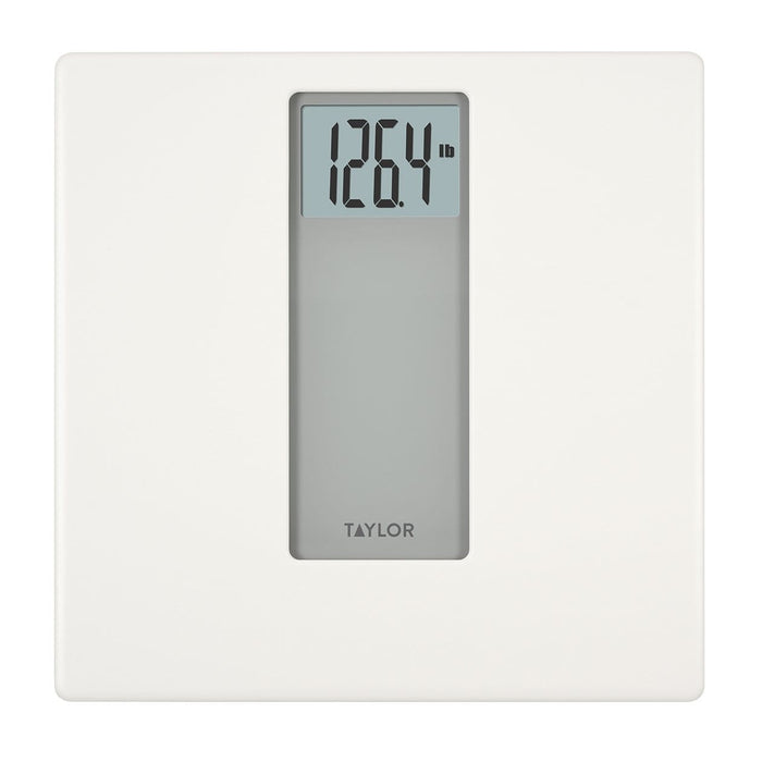 White and gray digital bathroom scale close up showing 126.4 lb on the display