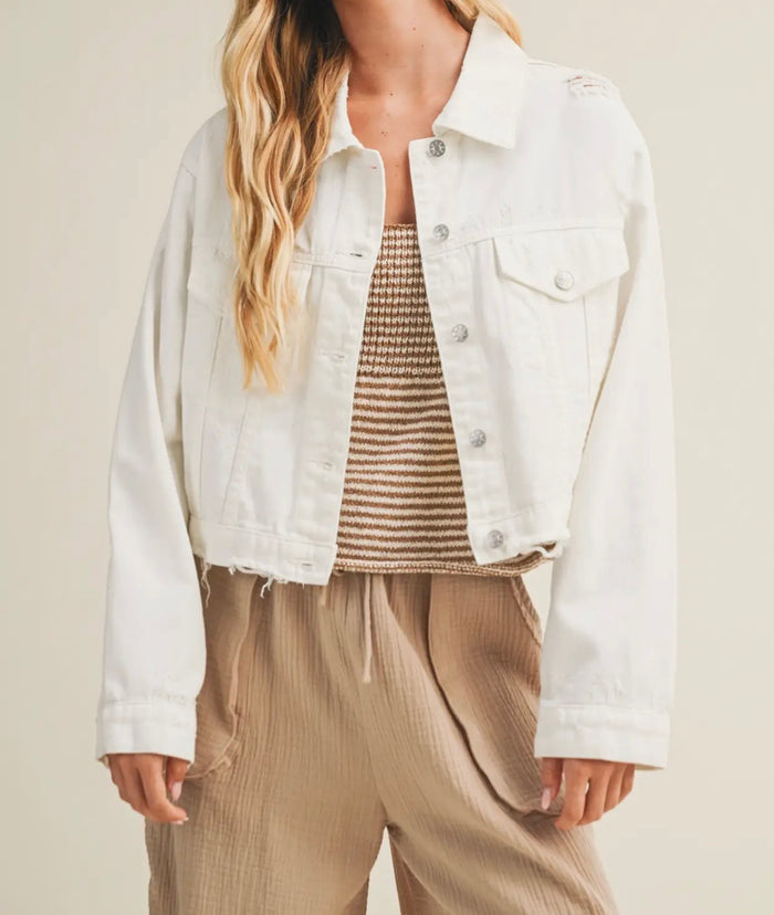 Distressed Denim Jacket- Snow White