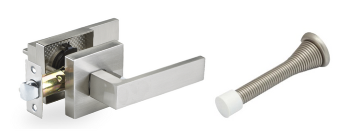 Door Lever, Square Style, Passage , Heavy Duty , w/Door Stop , Brushed Nickel