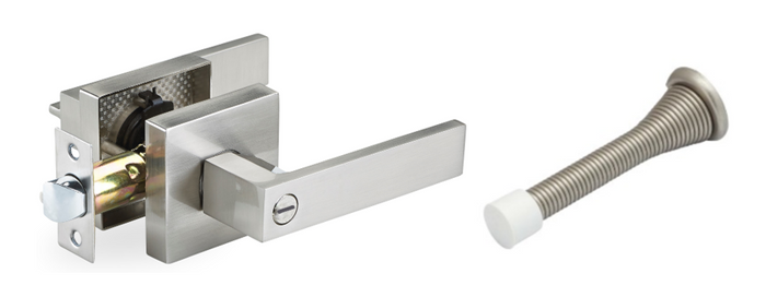 Door Lever, Square Style, Privacy , Heavy Duty , w/Door Stop , Brushed Nickel
