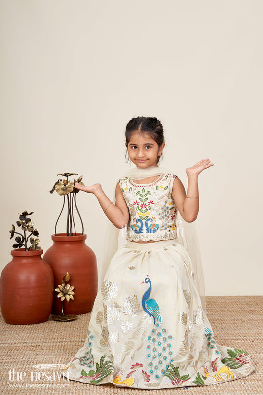 The Nesavu Girls Lehenga Choli Dress Lacha Beige Kora Silk Cotton Girls Lehenga Choli with Peacock and Deer Thread Embroidery Nesavu 24 (5Y) / Cream GL650A-24 Nesavu Dress Lacha Girls Beige Kora Silk Cotton Lehenga Choli Peacock Embroidery Dupatta