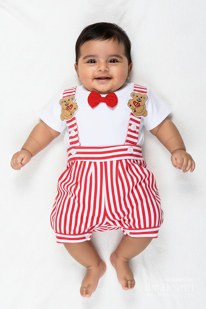 The Nesavu Boys Casual Set Dress Shirt and Bow for Boys in Cotton with Red Striped Dungaree and Teddy Shoulder Accents Nesavu 14 (6M) / Red BCS298B-14 Nesavu Cotton Dress Shirt Bow Set Boys Striped Dungaree Teddy Accents
