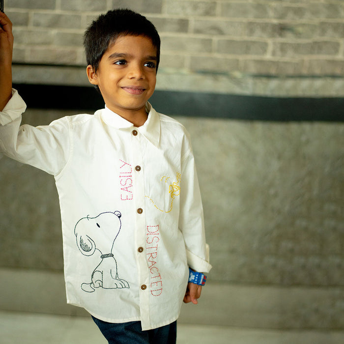 Easily Distracted Dog Embroidered Organic Cotton Shirt - White (1-14 Years)