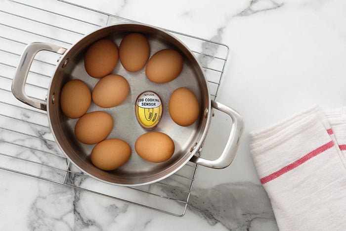 Stainless pot with eggs boiling and a Taylor egg cooking sensor placed in the center