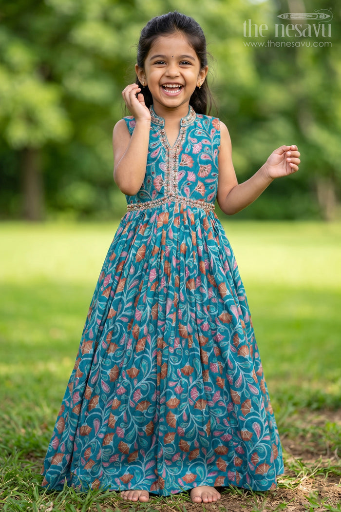 The Nesavu Girls Silk Gown Elegant Anarkali for Girls in Pure Chinon with Digital Print and Embroidered Bodice Nesavu 32 (9Y) / Teal GA294A-32 Elegant Anarkali Girls Pure Chinon Digital Print Embroidered Bodice | The Nesavu