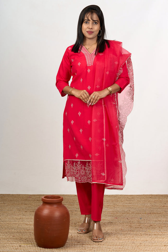 The Nesavu Womens Straight Suit Sets Elegant Art Silk Traditional Dress for Function with Embroidery Details for Women Nesavu 38 (M) / Red WTH074A-38 Traditional Art Silk Dress Functions Embroidered Dupatta Women - | The Nesavu