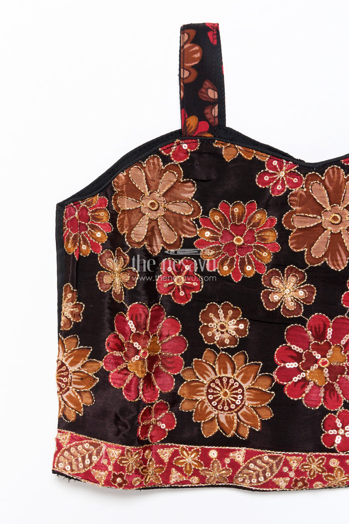 The Nesavu Girls Sharara / Plazo Set Elegant Black Sharara Set with Rich Floral Embroidery Nesavu Nesavu black viscose silk sharara set embroidered jacket  girls festive attire